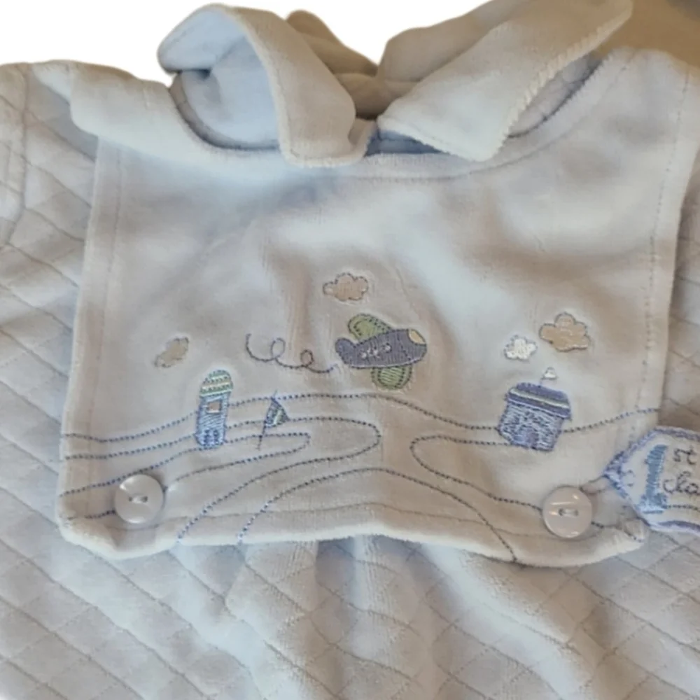3 Months Baby 2 Piece Outfit Vintage Pastel Blue Plane Embroidered Fleece